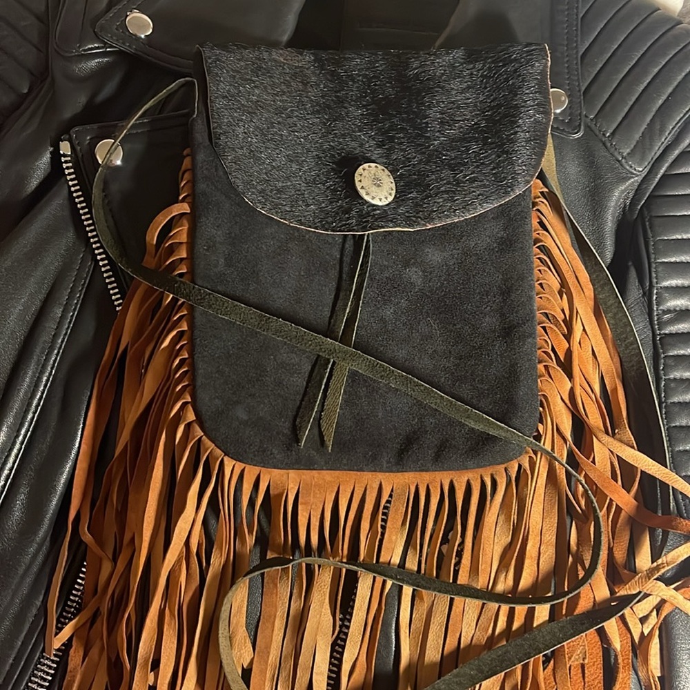 Handmade, Boho suede calf skin/Leather fringe purs